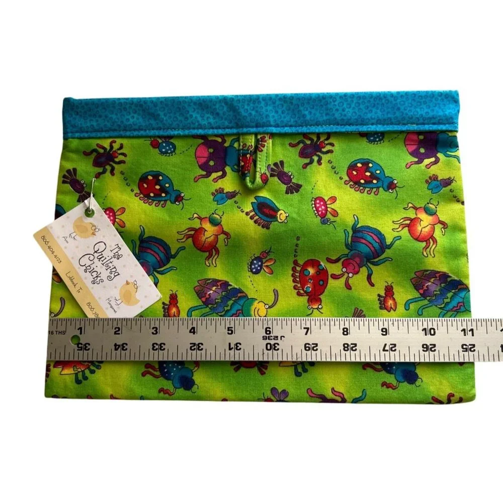 Handmade Whimsical Bug Print Cosmetic Bag Blue Accent Trim Vibrant Colorful